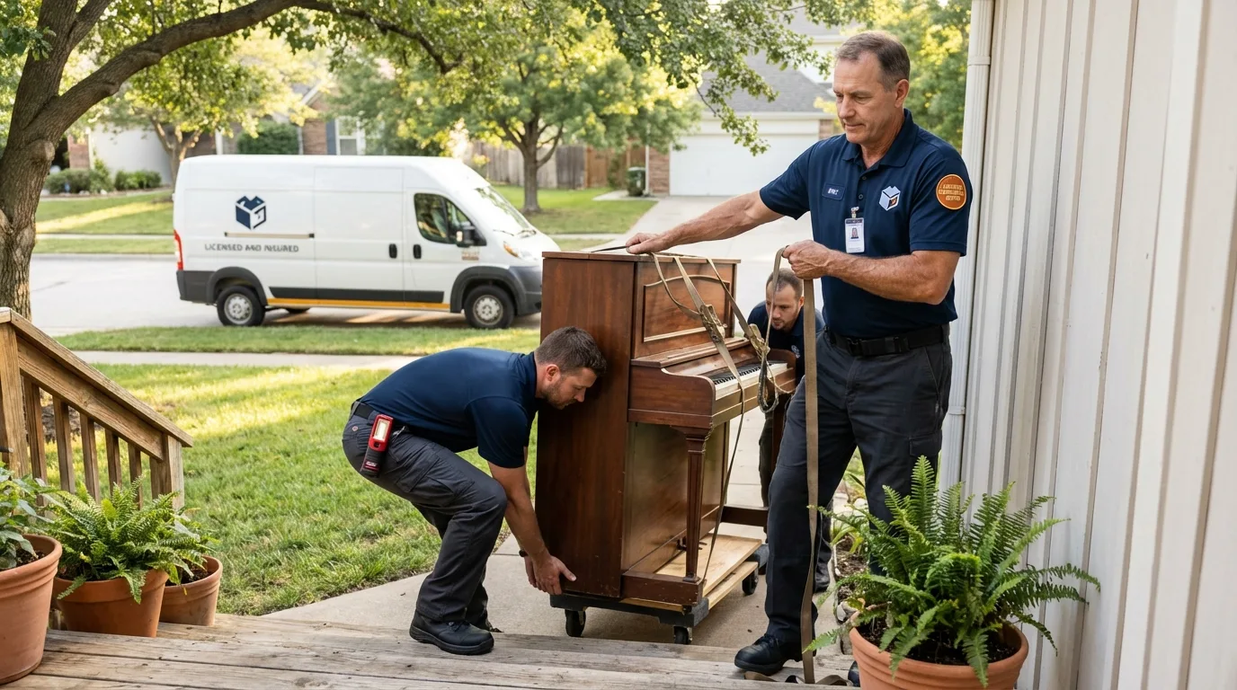 Licensed piano movers securing grand piano in Langston, OK