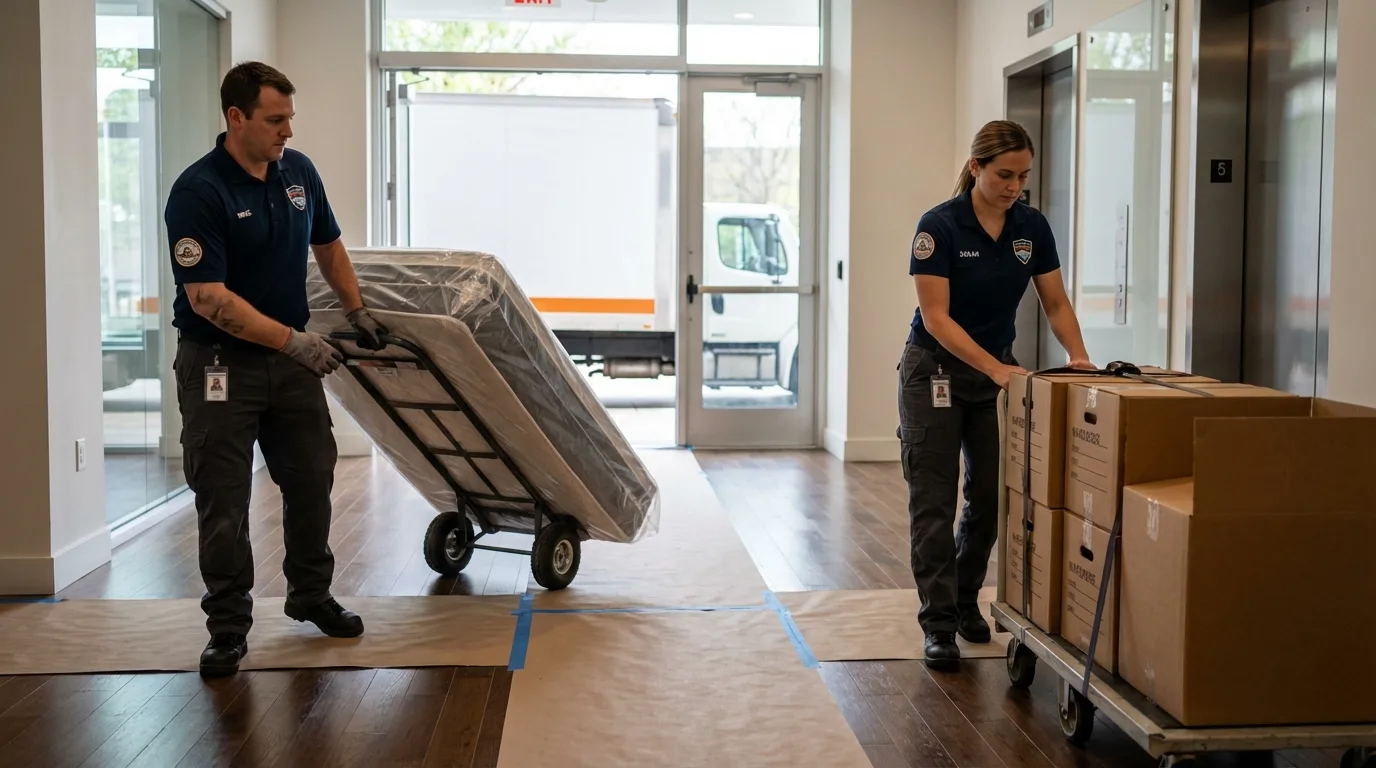 Professional apartment movers loading elevator in Langston, OK